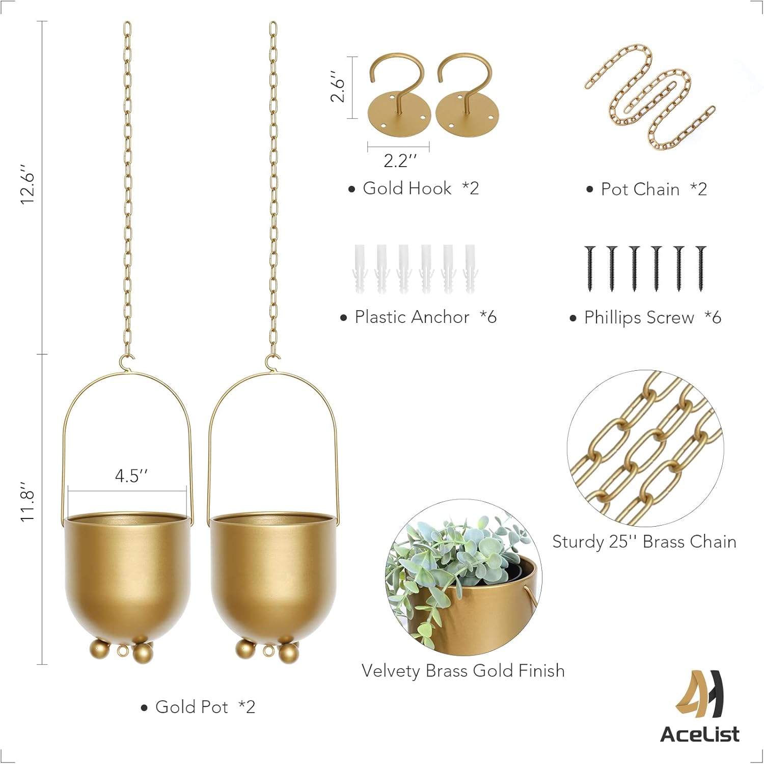 AceList Boho Gold Metal Hanging Planters,  with Hooks & Chains - Versatile Wall & Ceiling Plant Hangers for Indoor/Outdoor Décor